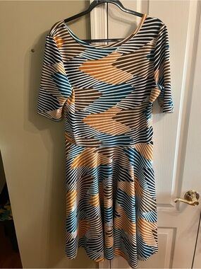 LuLaRoe Geometric Stripe Midi Dress in Blue, Tan & Cream